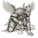 a side profile of an angle in armor kneeling with his wings spread out above him. surrounding space is viking themed  tattoo design idea