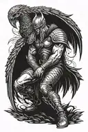 Side profile kneeling angle with armor with large black wings spread above him and viking theme surroundings tattoo design idea