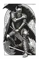 Side profile kneeling angle with armor with large black wings spread above him and viking theme surroundings tattoo design idea