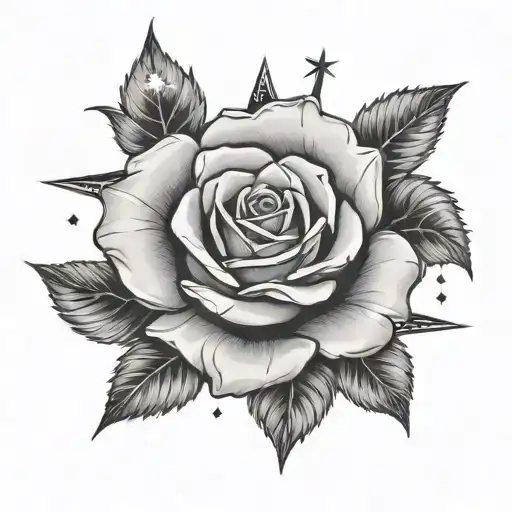 single rose  with stars and compass with n,e,s&w and a 26.12.2016 written in an old school font  tattoo design idea