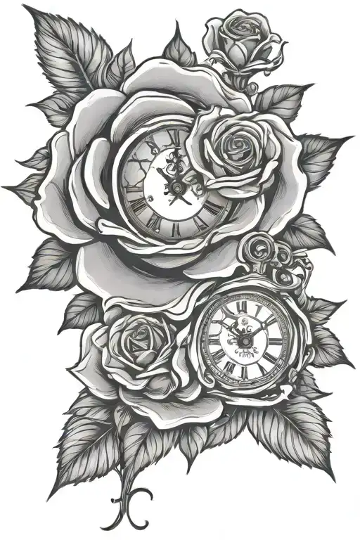 rose and clock   tattoo design idea