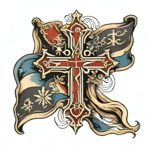 christian cross with flags and names  tattoo design idea