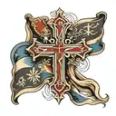 christian cross with flags and names  tattoo design idea