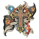 christian cross with flags and names  tattoo design idea