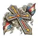 christian cross with flags and names  tattoo design idea