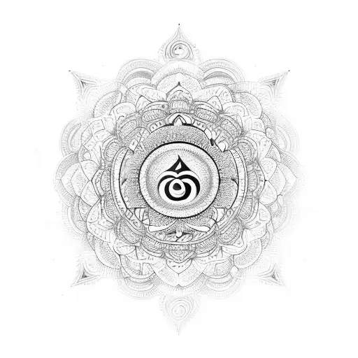 Mandala with Om and power symbols and mountains  tattoo design idea