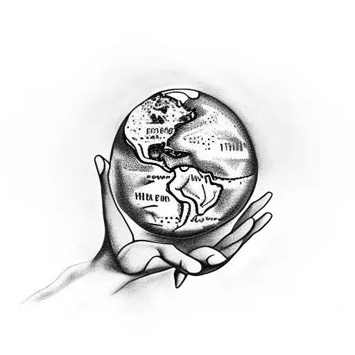 gods hands holding the earth, with crosses, outline of trinidad island, outline of Itily and the words "The World Is You tattoo design idea