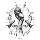 gods hands holding earth, crosses bottom left, "The World Is Yours" bottom right, outline of Trinidad and Italy bottom tattoo design idea