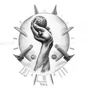 gods hands holding earth, crosses bottom left, "The World Is Yours" bottom right, outline of Trinidad and Italy bottom tattoo design idea