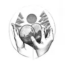 gods hands holding earth, crosses bottom left, "The World Is Yours" bottom right, outline of Trinidad and Italy bottom tattoo design idea