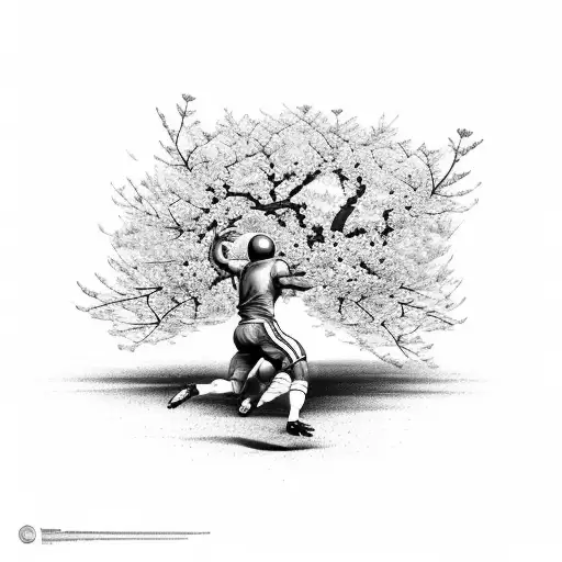 A football player kicking a cherry blossom tree tattoo design idea