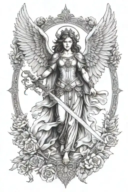st michael archangel female angel  front view with face going down with sword tattoo design idea