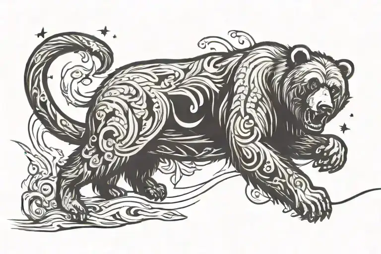 lazy grizzle bear with a monkey jumping on it tattoo design idea