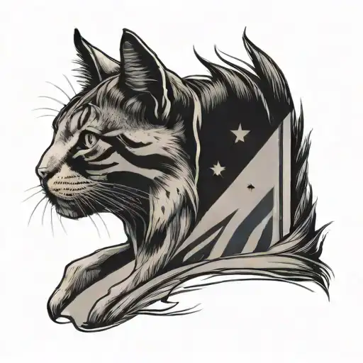 half human face half cat face with trans flag representing a trans and therian identity tattoo design idea
