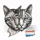 a half cat face abd the other side a human face with trans flag representing a trans and therian identity tattoo design idea