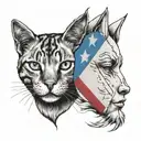 a half cat face abd the other side a human face with trans flag representing a trans and therian identity tattoo design idea