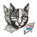a half cat face abd the other side a human face with trans flag representing a trans and therian identity tattoo design idea