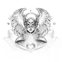  heart in the middle and lines coming off it ,cyber sigilism style, on the sides there's outlines of angels tattoo design idea