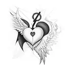  heart in the middle and lines coming off it ,cyber sigilism style, on the sides there's outlines of angels tattoo design idea