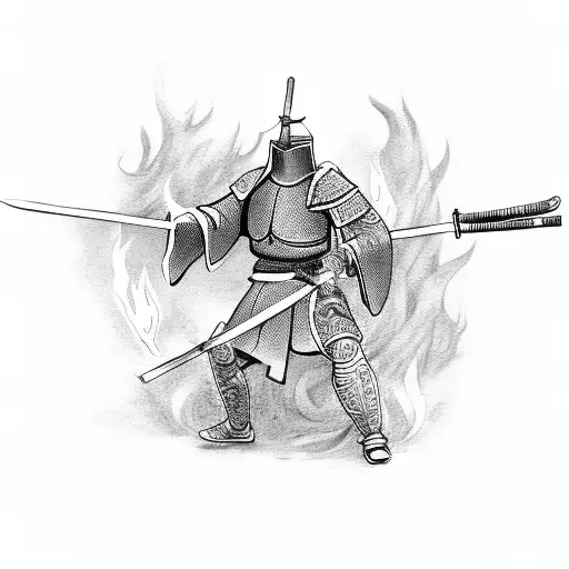 Japanese knight holding a fire sword  tattoo design idea