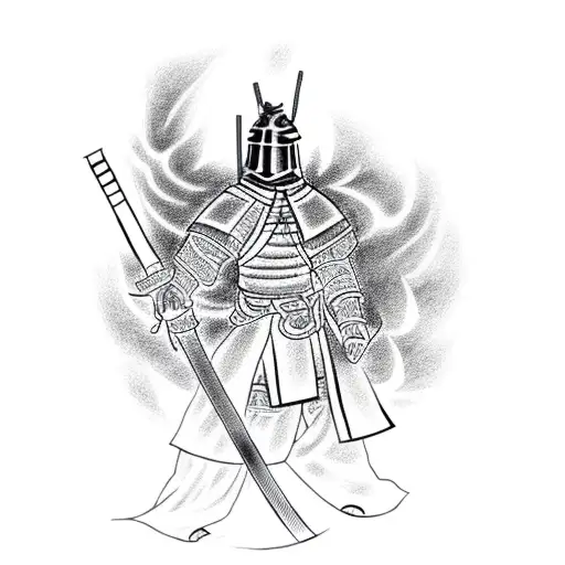 Japanese knight holding a fire sword  tattoo design idea