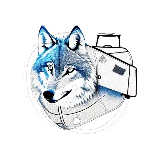 A new-school design of a wolf wearing a soccer jersey and holding a suitcase with travel stickers tattoo design idea