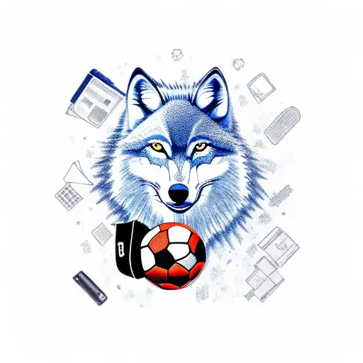 A new-school design of a wolf wearing a soccer jersey and holding a suitcase with travel stickers tattoo design idea
