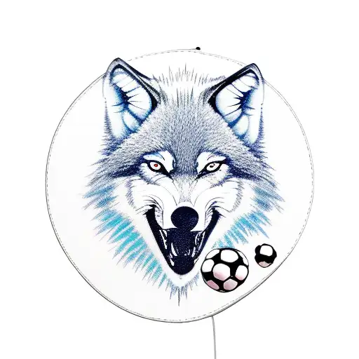 A new-school design of a wolf wearing a soccer jersey and holding a suitcase with travel stickers tattoo design idea