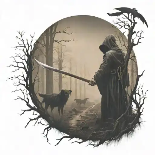 grim reaper facing forward  holding farming scythe walking in forest with ravens  tattoo design idea