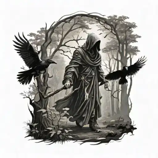 realistic grim reaper walking in forest with ravens tattoo design idea