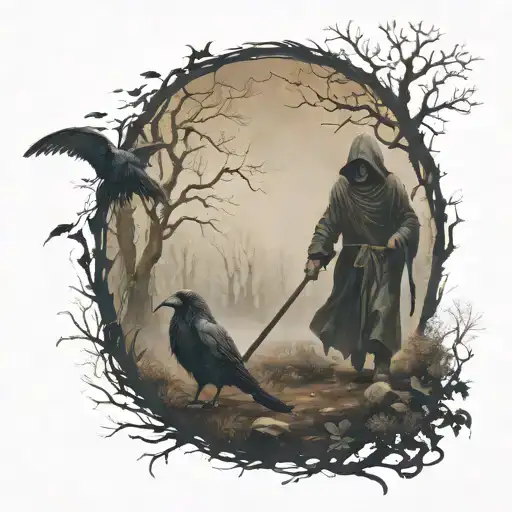 grim reaper facing forward  holding farming scythe walking in forest with ravens make it scarier tattoo design idea
