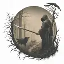 grim reaper facing forward  holding farming scythe walking in forest with ravens  tattoo design idea
