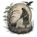 grim reaper facing forward  holding farming scythe walking in forest with ravens  tattoo design idea