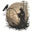 grim reaper facing forward  holding farming scythe walking in forest with ravens  tattoo design idea