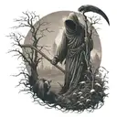 grim reaper facing forward  holding farming scythe walking in forest with ravens  tattoo design idea