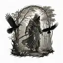 realistic grim reaper walking in forest with ravens tattoo design idea