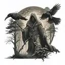 realistic grim reaper walking in forest with ravens tattoo design idea