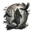 realistic grim reaper walking in forest with ravens tattoo design idea
