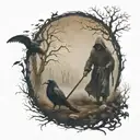 grim reaper facing forward  holding farming scythe walking in forest with ravens make it scarier tattoo design idea