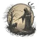 grim reaper facing forward  holding farming scythe walking in forest with ravens make it scarier tattoo design idea