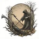grim reaper facing forward  holding farming scythe walking in forest with ravens make it scarier tattoo design idea