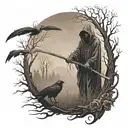 grim reaper facing forward  holding farming scythe walking in forest with ravens make it scarier tattoo design idea