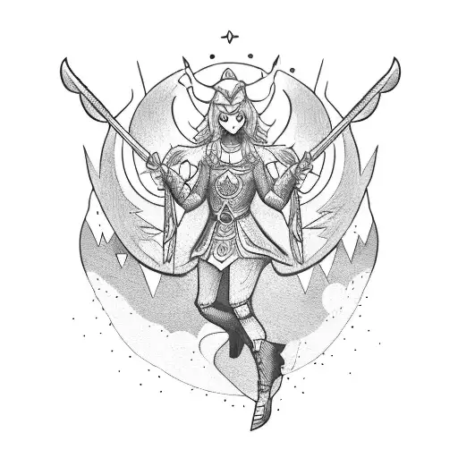 A mythical creature hiking up a mountain with a guitar strapped to its back tattoo design idea