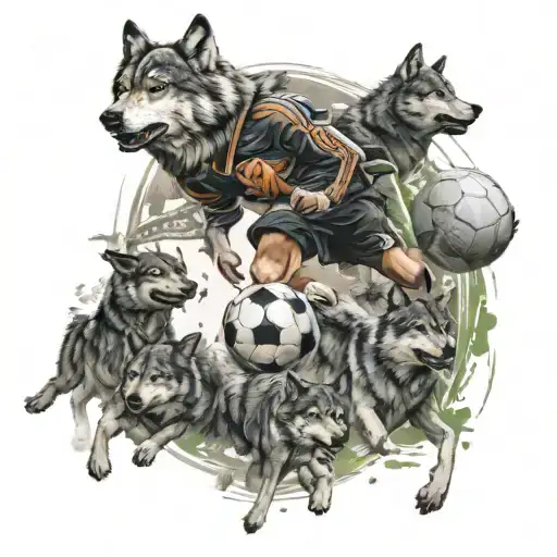 A soccer player kicking a ball with a pack of wolves running alongside tattoo design idea