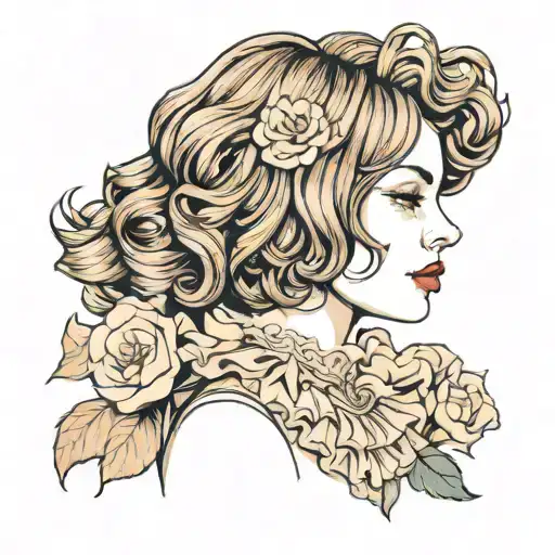 girl with brown wavy bob in fashion with ruffles tattoo design idea