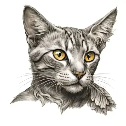 cat face with angel wings spread wide behind it tattoo design idea