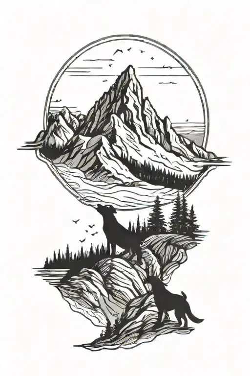 A silhouette of a dog howling on a mountain peak at sunrise tattoo design idea