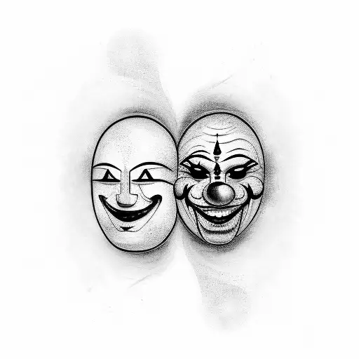 two masks facing each other; one smiling with clown make up and one crying with clown make up. chicano style. tattoo design idea