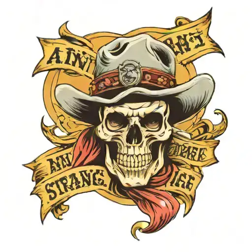 skull in a cowboy hat with text banner that says "Ain't it Strange?" tattoo design idea
