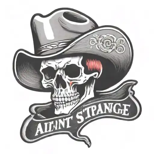 skull in a cowboy hat with text that says "Ain't it Strange?" tattoo design idea